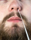 Covid-19 nasal swab test, taking nasal mucus test sample, Cotton swab from the throat and nose close-up macro Royalty Free Stock Photo