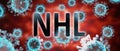 Covid and nhl, pictured by word nhl and viruses to symbolize that nhl is related to corona pandemic and that epidemic affects nhl