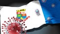 Covid in Niteroi - coronavirus attacking a city flag of Niteroi as a symbol of a fight and struggle with the virus pandemic in