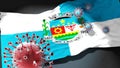 Covid in Nova Iguacu - coronavirus attacking a city flag of Nova Iguacu as a symbol of a fight and struggle with the virus