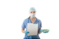 COVID-19 - Nurse hospital pathologist holds a brochure and blood tubes Royalty Free Stock Photo