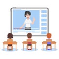 Online Teacher on Tablet monitor teaching education lesson for student on video blog social media webinar training