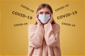 COVID-19, pandemia. Stop coronavirus. Viral infection. Sars Cov 2. Seasonal infections. Shocked woman in medical mask