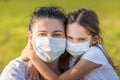 Covid-19 pandemic concept. Young mother and little daughter portrait outdoors wearing medical masks