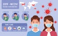 Covid19 pandemic flyer with couple using face masks infographics