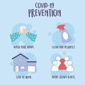 Covid 19 pandemic infographic, tips prevention, stay at home, washing hands, clean and disinfect