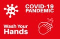 Covid-19 Pandemic - Wash your hands with virus and wash hands logo on a colourful red background Royalty Free Stock Photo