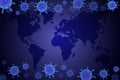 Covid-19 pandemic. World map, glowing corona virus cells, vector illustration. Global outbreak of coronavirus disease. Royalty Free Stock Photo