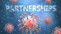 Covid and partnerships, pictured as red viruses attacking word partnerships to symbolize turmoil, global world problems and the