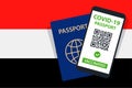 Covid-19 Passport on Egypt Flag Background. Vaccinated. QR Code. Smartphone. Immune Health Cerificate. Vaccination Document. Royalty Free Stock Photo