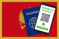 Covid-19 Passport on Montenegro Flag Background. Vaccinated. QR Code. Smartphone. Immune Health Cerificate. Vaccination Document. Royalty Free Stock Photo