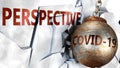 Covid and perspective, symbolized by the coronavirus virus destroying word perspective to picture that the virus affects