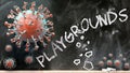 Covid and playgrounds - covid-19 viruses breaking and destroying playgrounds written on a school blackboard, 3d illustration