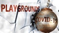 Covid and playgrounds, symbolized by the coronavirus virus destroying word playgrounds to picture that the virus affects