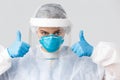 Covid-19, preventing virus, health, healthcare workers and quarantine concept. Close-up confident doctor, nurse in Royalty Free Stock Photo