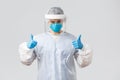 Covid-19, preventing virus, health, healthcare workers and quarantine concept. Determined confident doctor, nurse in Royalty Free Stock Photo