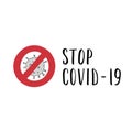 Covid-19 prevention cute hand drawn sticker, coronavirus quarantine illustration. Lettering phrase - Stop covid-19