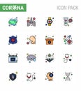 16 Flat Color Filled Line Set of corona virus epidemic icons. such as tubes, elucation, pneumonia, bacteria, pulse