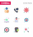 Covid-19 Protection CoronaVirus Pendamic 9 Flat Color icon set such as diet, medicine book, virus, medical, microorganism