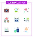 Covid-19 Protection CoronaVirus Pendamic 9 Flat Color icon set such as people, bacteria, test, virus, interfac