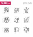 Covid-19 Protection CoronaVirus Pendamic 9 Line icon set such as ilness, cold, hand, shield, medical