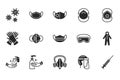Covid-19 protection equipment and clothing glyph icon. Various types of protective masks and respirators and gloves
