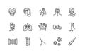 Covid-19 protection and medical test to detect it. Flat line icons set. Vector illustration included artificial lung