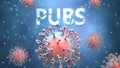 Covid and pubs, pictured as red viruses attacking word pubs to symbolize turmoil, global world problems and the relation between