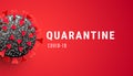 Covid-19 quarantine horizontal banner with 3d virus infected cell on red background. Minimal template design