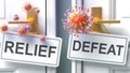 Covid relief or defeat - virus pandemic outcome and two future alternatives presented as `relief` and `defeat` door handle lab