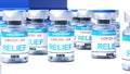 Covid relief - vaccine bottles with an English label Relief that symbolize a big human achievement that may end the fight with the