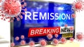 Covid, remission and a tv set showing breaking news - pictured as a tv set with corona remission news and deadly viruses around