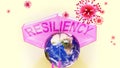 Covid resiliency - corona virus attacking Earth that is protected by an umbrella with English word resiliency as a symbol of a