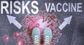 Covid risks or vaccine - corona virus pandemic unknown future and two different possible outcomes or choices presented as signs
