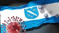 Covid in Rybnik - coronavirus attacking a city flag of Rybnik as a symbol of a fight and struggle with the virus pandemic in this