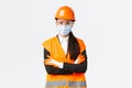 Covid-19 safety protocol at enterpise, construction and preventing virus concept. Confident asian female chief engineer