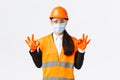 Covid-19 safety protocol at enterpise, construction and preventing virus concept. Satisfied asian female engineer