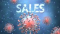 Covid and sales, pictured as red viruses attacking word sales to symbolize turmoil, global world problems and the relation between