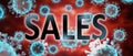 Covid and sales, pictured by word sales and viruses to symbolize that sales is related to corona pandemic and that epidemic