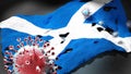 Covid in Scotland - coronavirus attacking a national flag of Scotland as a symbol of a fight and struggle with the virus pandemic