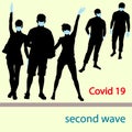 Covid 19 second wave, vector silhouettes of people in masks and gloves, protection against coronavirus. Isolated on background.