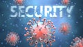 Covid and security, pictured as red viruses attacking word security to symbolize turmoil, global world problems and the relation