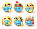 Covid-19 smiley emoji vector set. Emoticons 3d character in new normal safety elements like face masks, alcohol and sanitizer.