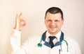 COVID-19 with smiling caucasian positive doctor with hope.Doctor makes a sign that everything is fine.Sign ok. Inspiring confidenc Royalty Free Stock Photo