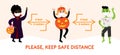 COVID 19 social distancing infographic banner with cute Halloween cartoon characters in costumes and surgical masks