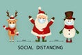 COVID-19, social distancing infographic with funny Christmas cartoon character Cute Santa Claus, reindeer, snowman medical face Royalty Free Stock Photo