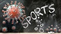 Covid and sports - covid-19 viruses breaking and destroying sports written on a school blackboard, 3d illustration