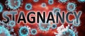 Covid and stagnancy, pictured by word stagnancy and viruses to symbolize that stagnancy is related to corona pandemic and that Royalty Free Stock Photo