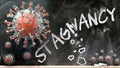 Covid and stagnancy - covid-19 viruses breaking and destroying stagnancy written on a school blackboard, 3d illustration Royalty Free Stock Photo