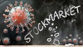 Covid and stockmarket - covid-19 viruses breaking and destroying stockmarket written on a school blackboard, 3d illustration